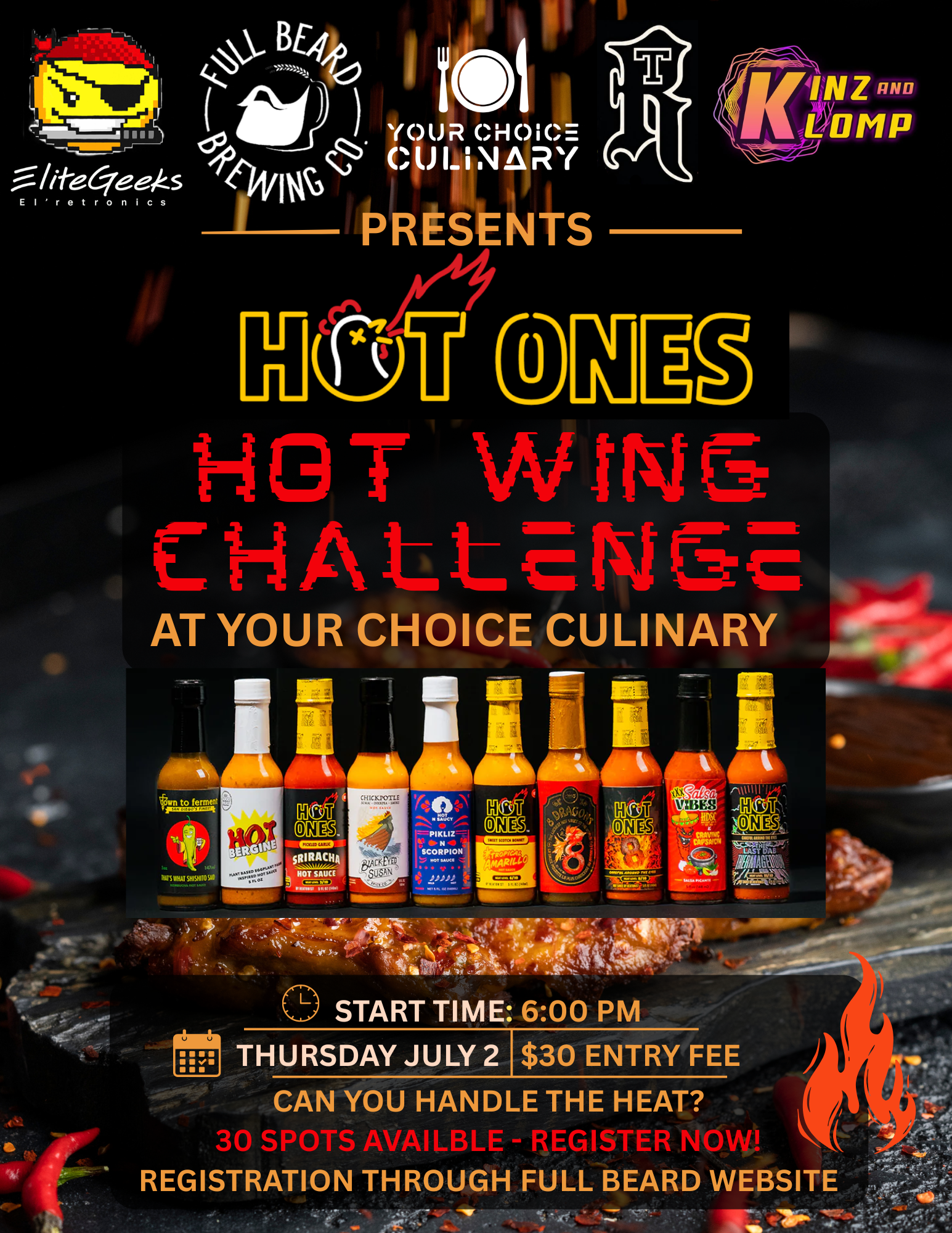 HOT ONES HOT WING CHALENGE JULY 2ND 2026 6pm- includes 1 full beard craft beer (receipts email is your ticket)