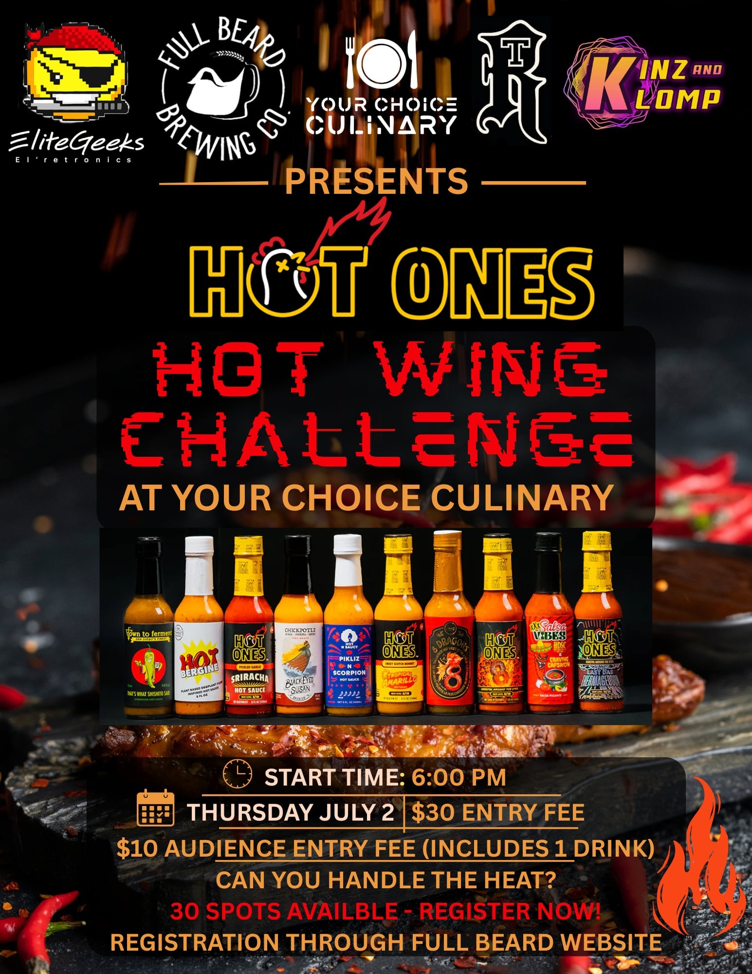 HOT ONES  HOT WING CHALENGE JULY 2ND 2026 6pm- includes 1 full beard craft beer (receipts email is your ticket)