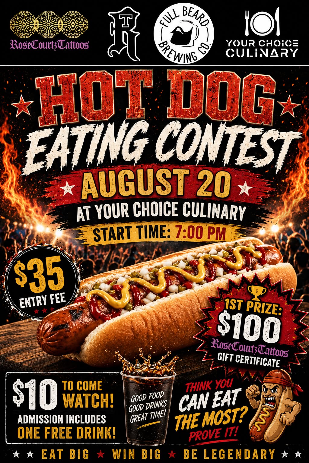 HOT DOG EATING CONTEST AUG 20TH 2026 6pm- includes 1 full beard craft beer (receipts email is your ticket)
